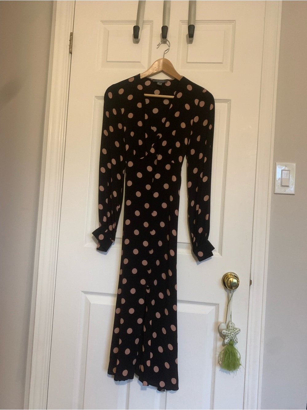 Primark Black Dress with Beige Polka Dots - Long Sleeve Midi